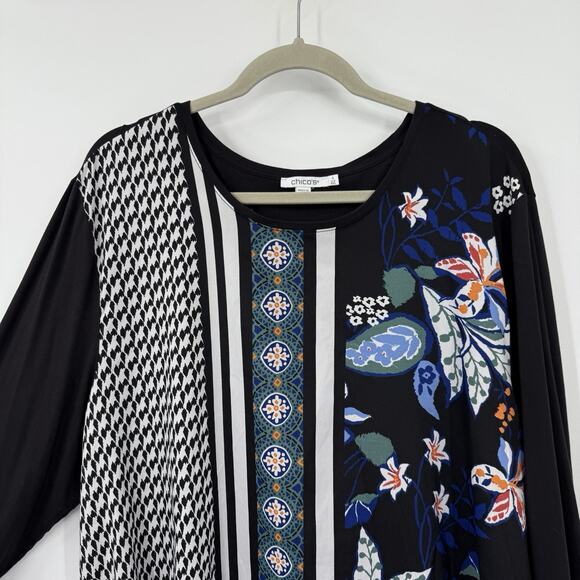 Chicos 4 Tie Front Silky T-shirt Top size XXL Bold Floral 3/4 Sleeve Artsy Boxy - Picture 3 of 7